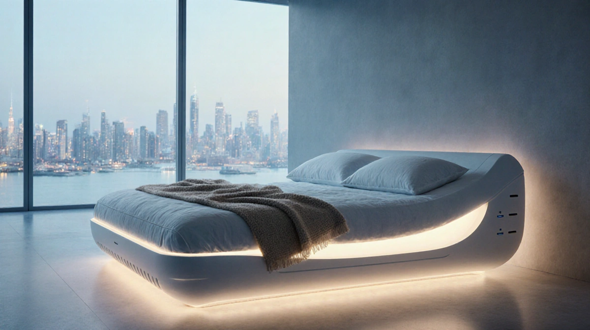 Futuristic smart bed glows with adjustable settings and city view through floor-to-ceiling windows