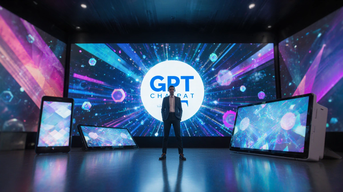 Modern tech professional stands confidently before large screen with ChatGPT logo surrounded by shapes and tech devices