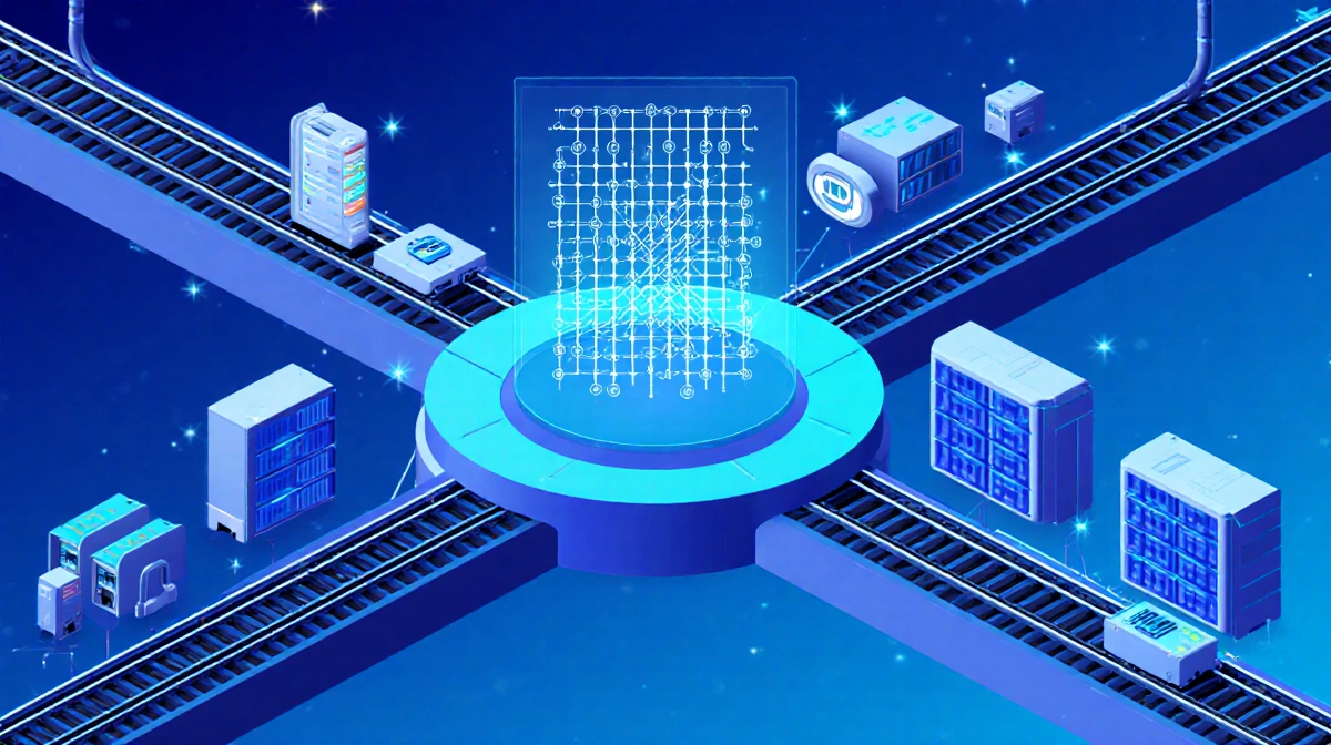 Futuristic train racing on parallel rails toward central hub with servers and cybersecurity icons lining the tracks