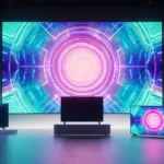 Flagship mini-LED TV on sleek stand glowing with vibrant colors and sharp contrast with smaller micro‑RGB TVs nearby in futur