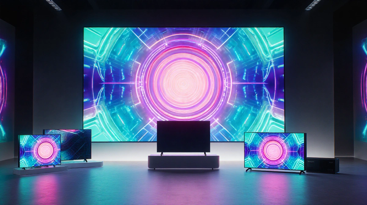 Flagship mini-LED TV on sleek stand glowing with vibrant colors and sharp contrast with smaller micro‑RGB TVs nearby in futur