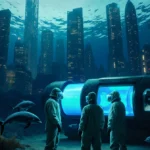 Scientists in hazmat suits studying glowing underwater device with dolphins watching through lab window
