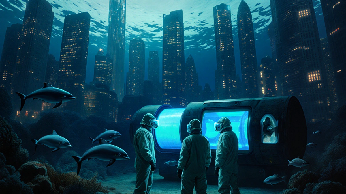 Scientists in hazmat suits studying glowing underwater device with dolphins watching through lab window