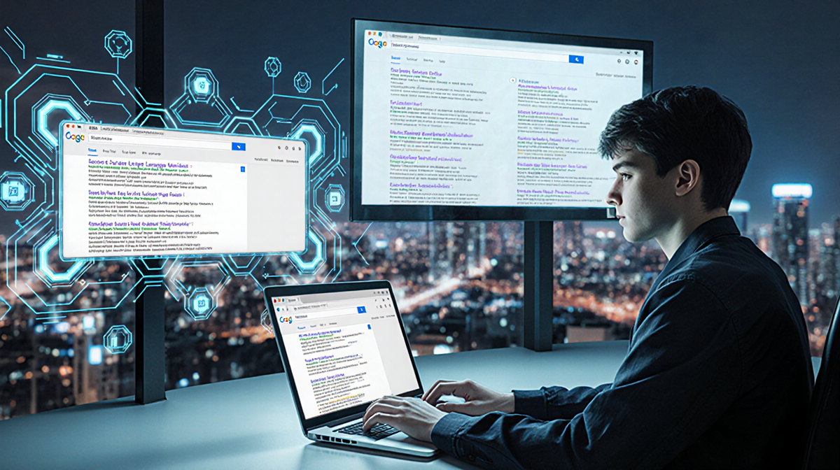 Student typing on laptop with glowing AI interface screens and LLM data and blurred cityscape background