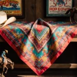 Vibrant FWSSR commemorative scarf lies on wooden surface with rodeo memorabilia and cowboy hats nearby