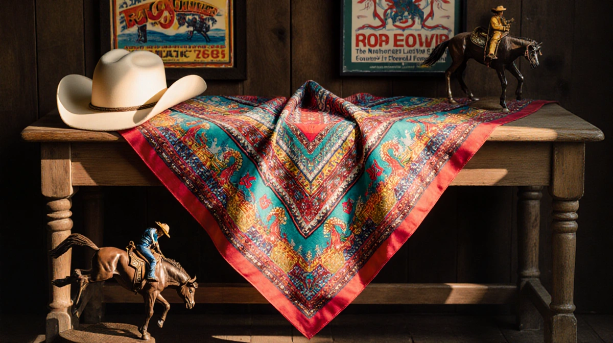 Vibrant FWSSR commemorative scarf lies on wooden surface with rodeo memorabilia and cowboy hats nearby