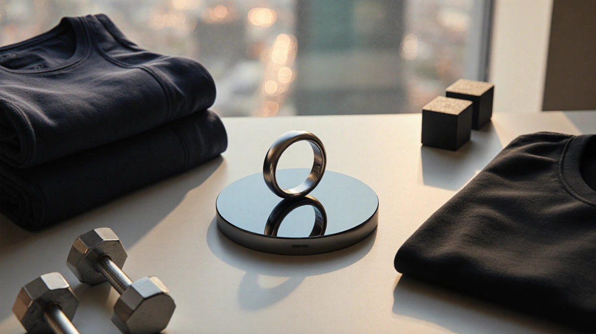 Samsung Galaxy Ring gleaming on minimalist desk with warm light and city reflection and fitness gear