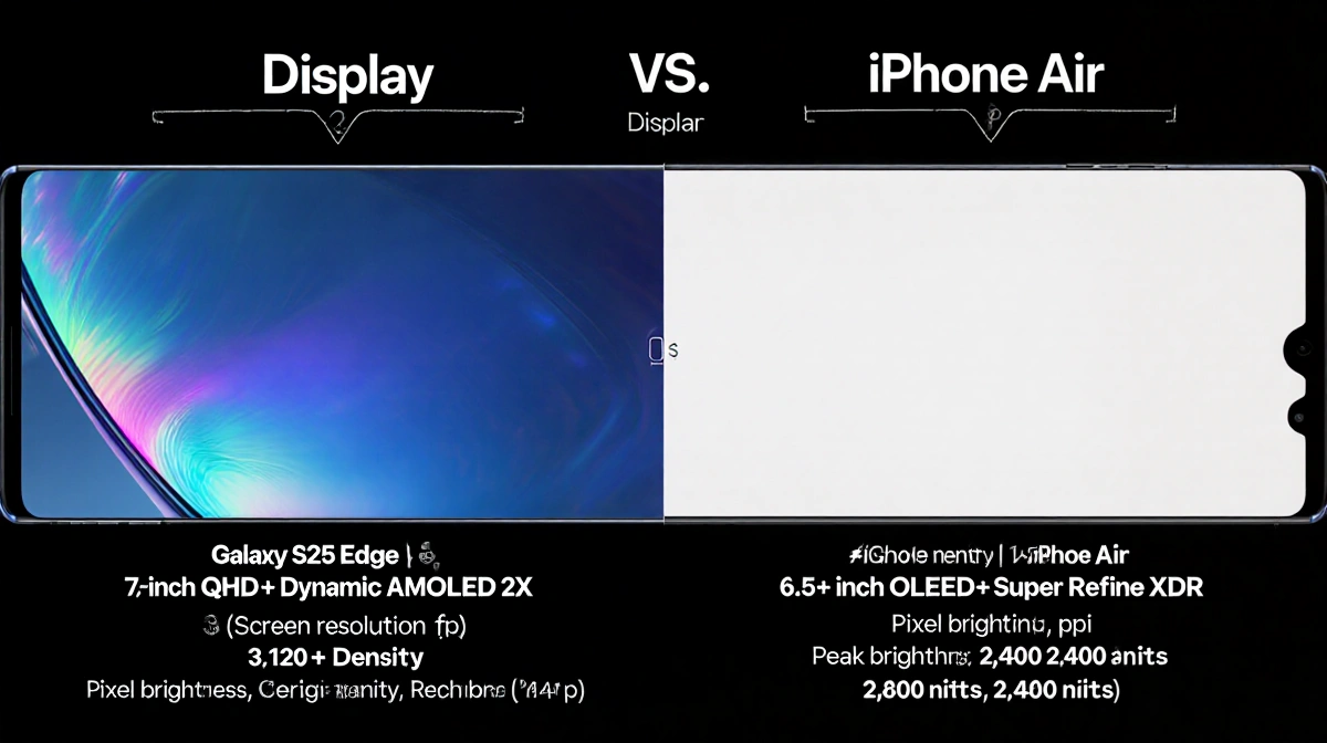 Two phone screens compare resolution brightness and pixel density between iPhone Air and Galaxy S25 Edge.