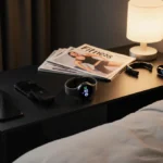 Samsung Galaxy Watch 8 glows on sleek black desk with fitness trackers and smartphone and magazines and water bottle nearby