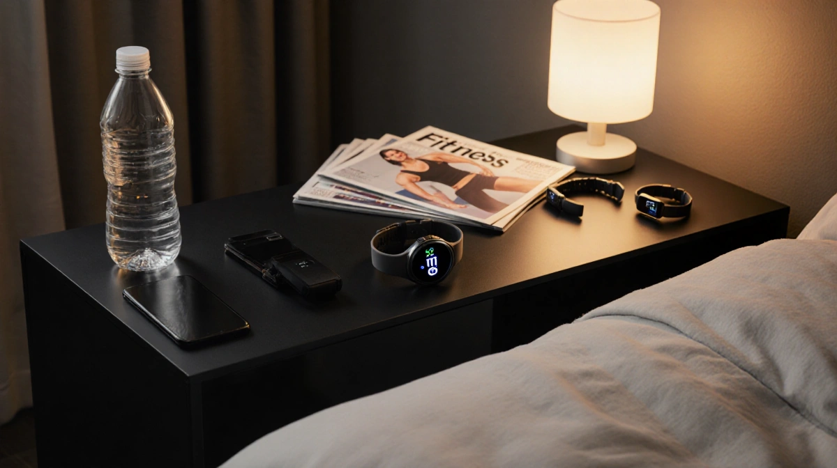 Samsung Galaxy Watch 8 glows on sleek black desk with fitness trackers and smartphone and magazines and water bottle nearby