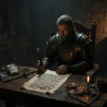 Lone warrior studies parchment at candlelit desk with sword and Game of Thrones theme song motif in medieval chamber