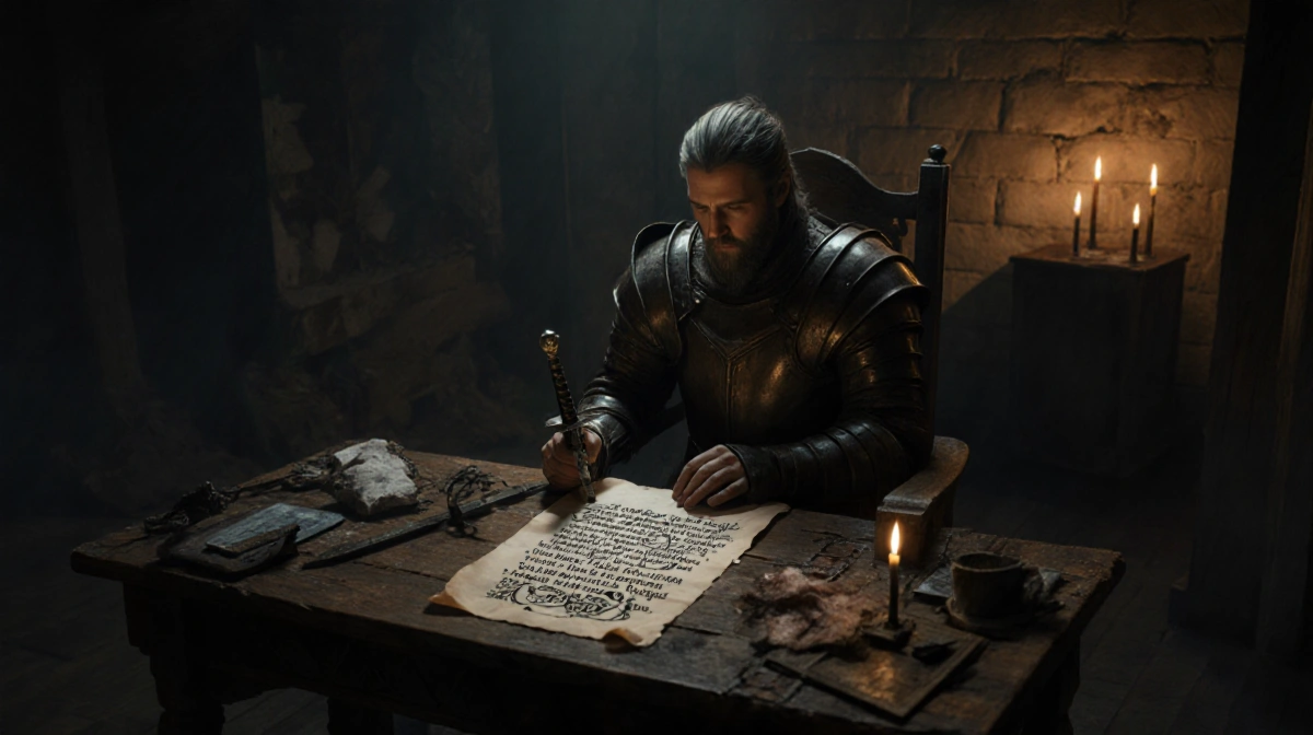 Lone warrior studies parchment at candlelit desk with sword and Game of Thrones theme song motif in medieval chamber