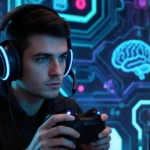 Gamer holding futuristic gaming headset with glowing blue accents and tech background