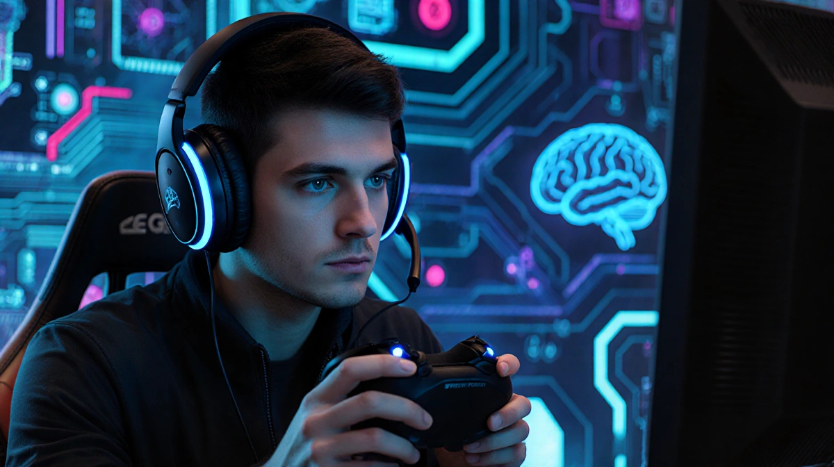 Gamer holding futuristic gaming headset with glowing blue accents and tech background