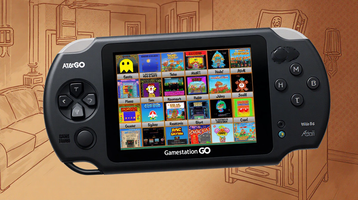 Gamestation Go handheld console displaying grid of 200 Atari 2600 games with Pac-Man and Donkey Kong icons in muted palette.