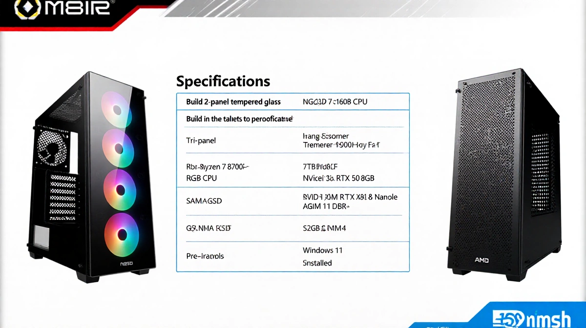 Gaming desktop showing specifications table with AMD Ryzen 7 8700F and NVIDIA RTX 5060Ti 8GB flanking the table and RGB fans