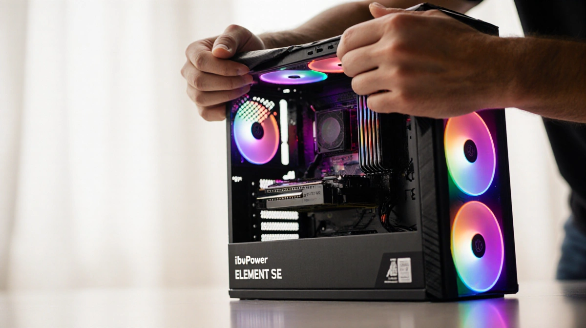 Hand unwrapping gaming desktop with RGB lights and Ryzen 7 CPU, excited expression on face