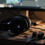 Gaming headset rests on cluttered desk with soft monitor glow and scattered cables hinting at marathon sessions