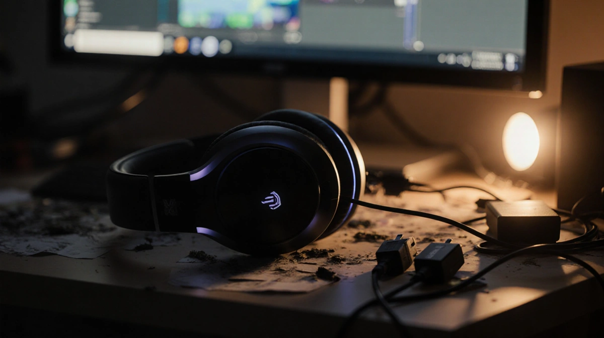 Gaming headset rests on cluttered desk with soft monitor glow and scattered cables hinting at marathon sessions