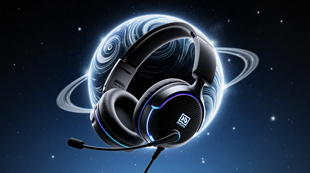 Gaming headset sits before glowing sphere with swirling patterns and audio waveforms showing spatial sound