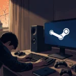 Figure slumps over keyboard resting head on desk with scattered gaming controllers and muted Steam logo near Christmas lights