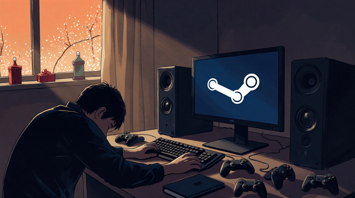 Figure slumps over keyboard resting head on desk with scattered gaming controllers and muted Steam logo near Christmas lights