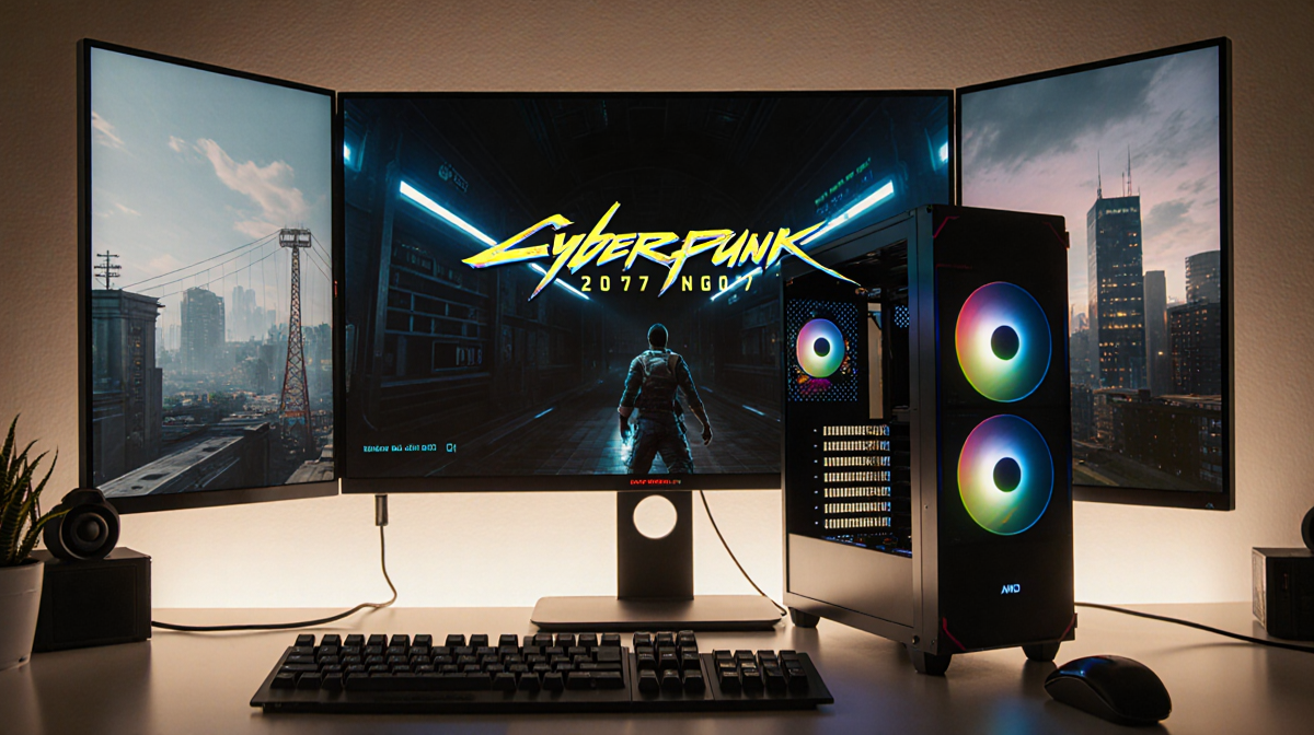 Gaming PC powers Cyberpunk 2077 with AMD Ryzen on desk and warm glow.