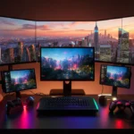 Gaming setup displaying multiple screens with neon city reflections and motion blur