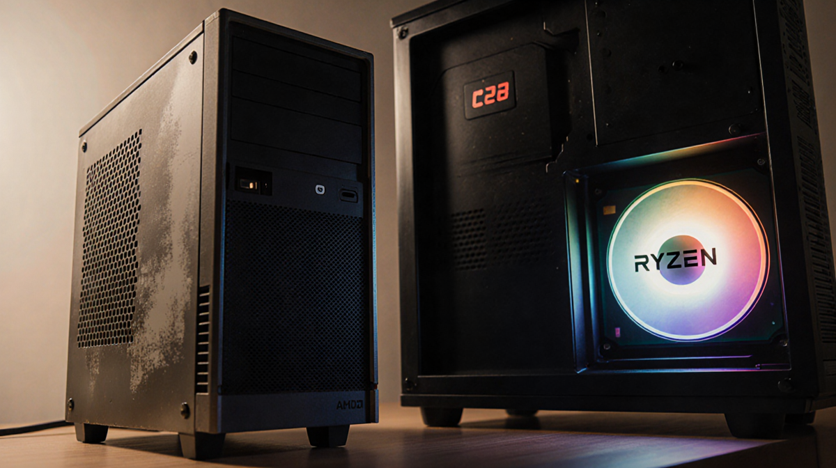 PC setup highlighting vintage computer next to sleek modern system glowing with warm light