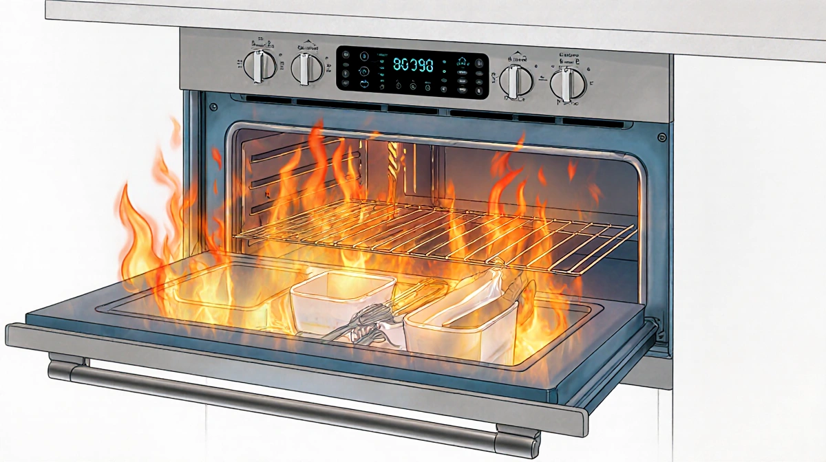 Gas oven glowing with flames around broiler drawer and cooler storage drawer holding plastic items.
