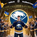 Gavin McKenna stands confidently before NHL logo backdrop with Sabres fans cheering and blue-gold flags waving