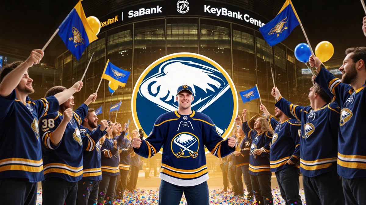 Gavin McKenna stands confidently before NHL logo backdrop with Sabres fans cheering and blue-gold flags waving