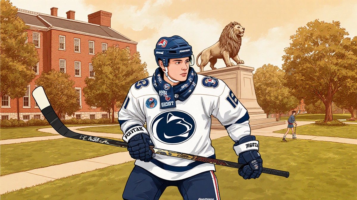 Gavin McKenna holding hockey stick with Penn State jersey and Nittany Lion statue behind him