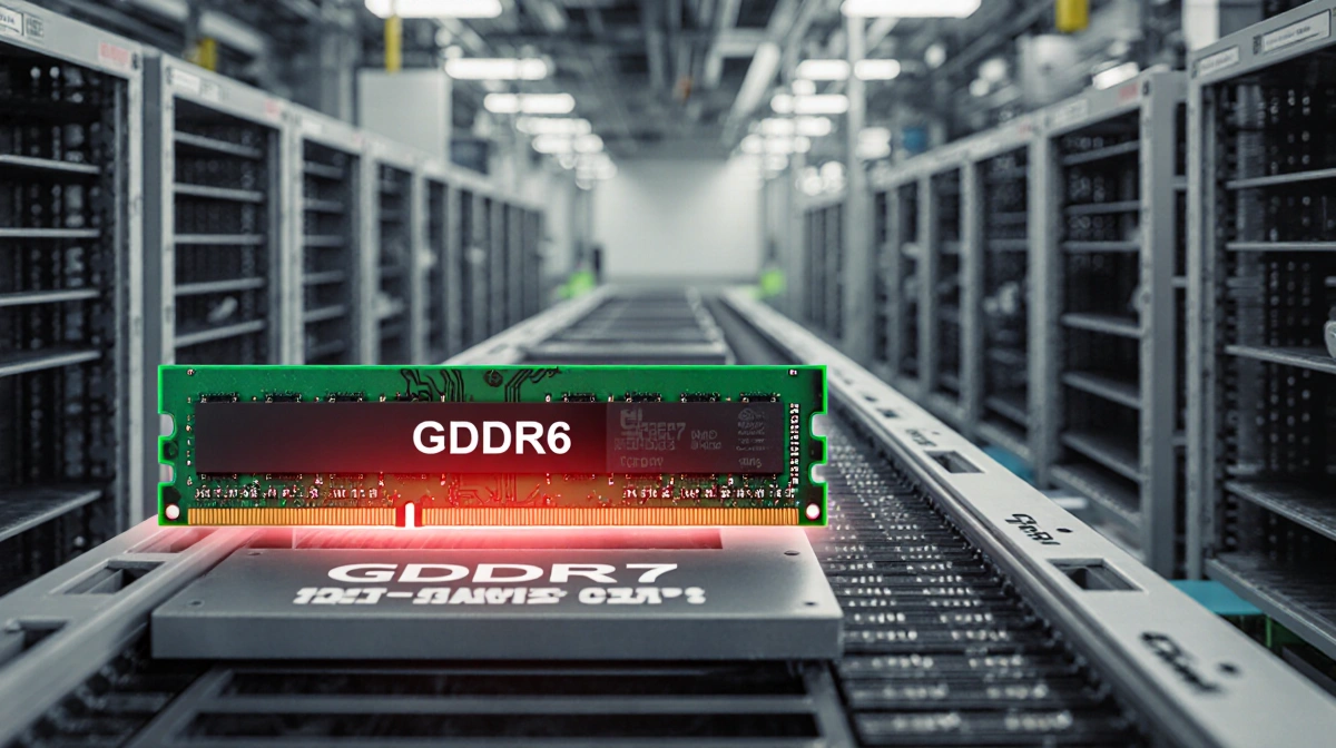 Worker removing red-highlighted GDDR6 chip from production line with empty GDDR7 shelves showing semiconductor shortage