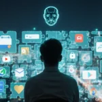 Person sits before glowing holographic screen with Google apps overlapping and Gemini AI avatar watching above city lights