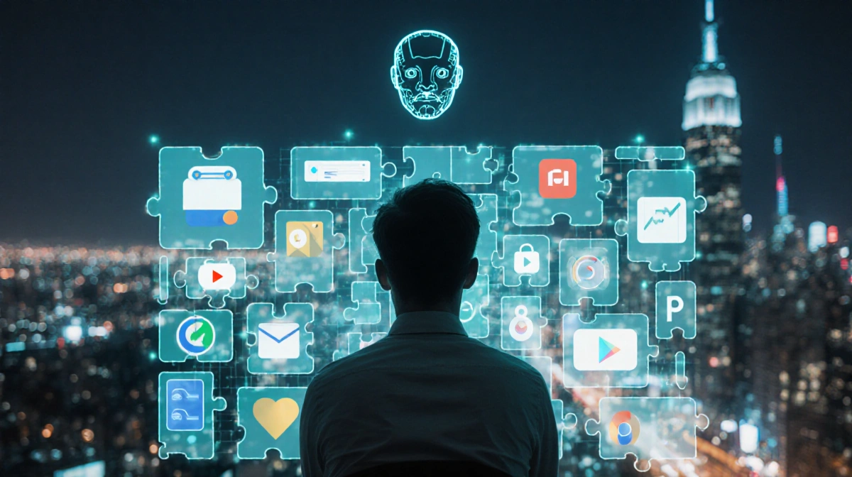 Person sits before glowing holographic screen with Google apps overlapping and Gemini AI avatar watching above city lights