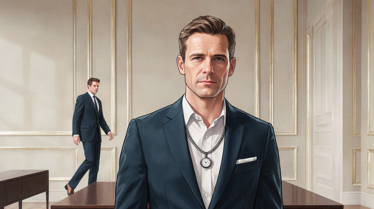 Geoffroy van Raemdonck stands confidently in tailored suit with pocket watch chain as CEO of Saks Global with Richard Baker s