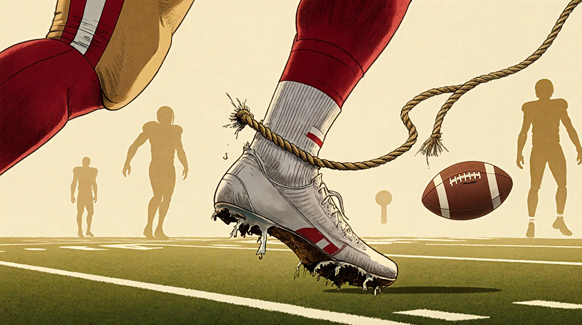 George Kittle's leg showing torn Achilles tendon with frayed rope and blurred football field in background