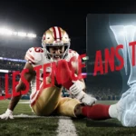 George Kittle clutching his ankle in pain with Achilles tear X-ray showing red text under stadium lights