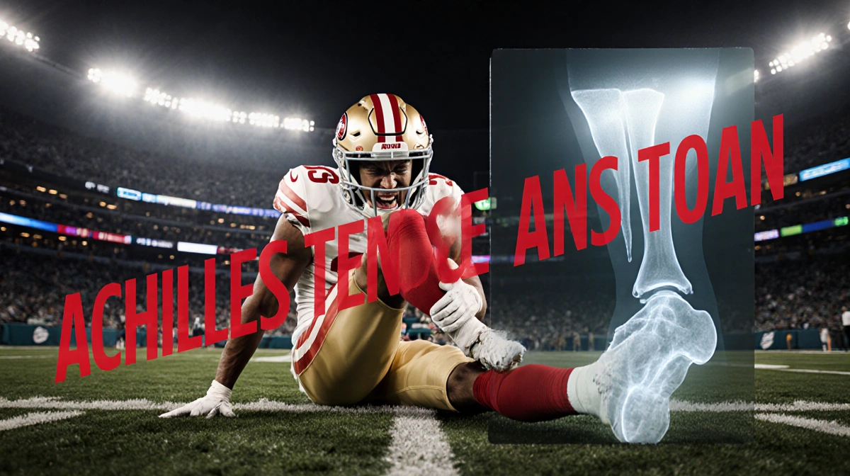 George Kittle clutching his ankle in pain with Achilles tear X-ray showing red text under stadium lights