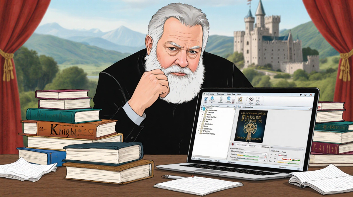 George R.R. Martin writing at laptop with books piled high and fantasy castle visible behind