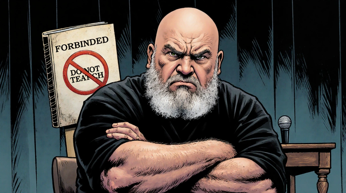 George R.R. Martin crosses his arms with scowling face and raised eyebrow while a do not touch sign sits on manuscript behind