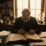 George R.R. Martin writing in leather book with golden window light and manuscripts surrounding his desk