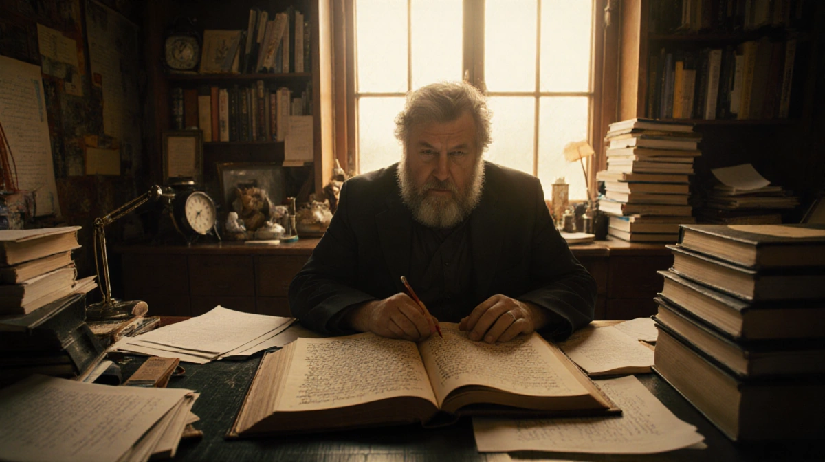 George R.R. Martin writing in leather book with golden window light and manuscripts surrounding his desk