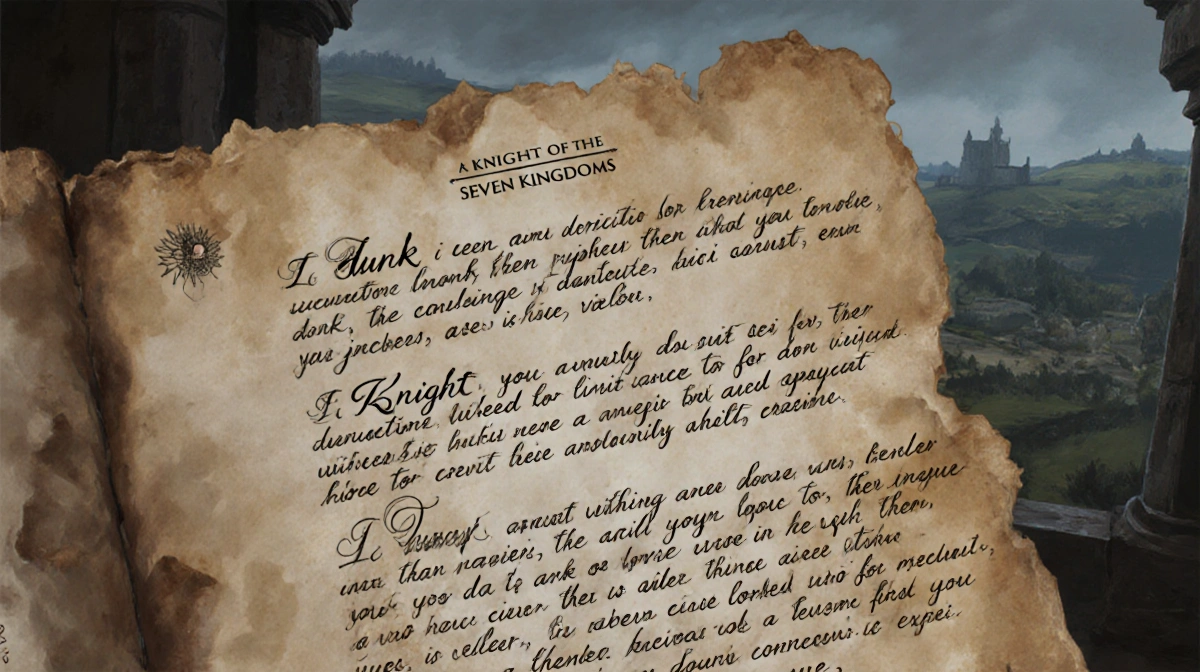 Handwritten George R.R. Martin manuscript page showing Dunk's dialogue and notes with medieval Westeros landscape in backgrou