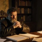 George R.R. Martin reviewing manuscript with warm lantern glow and Seven Kingdoms map behind books