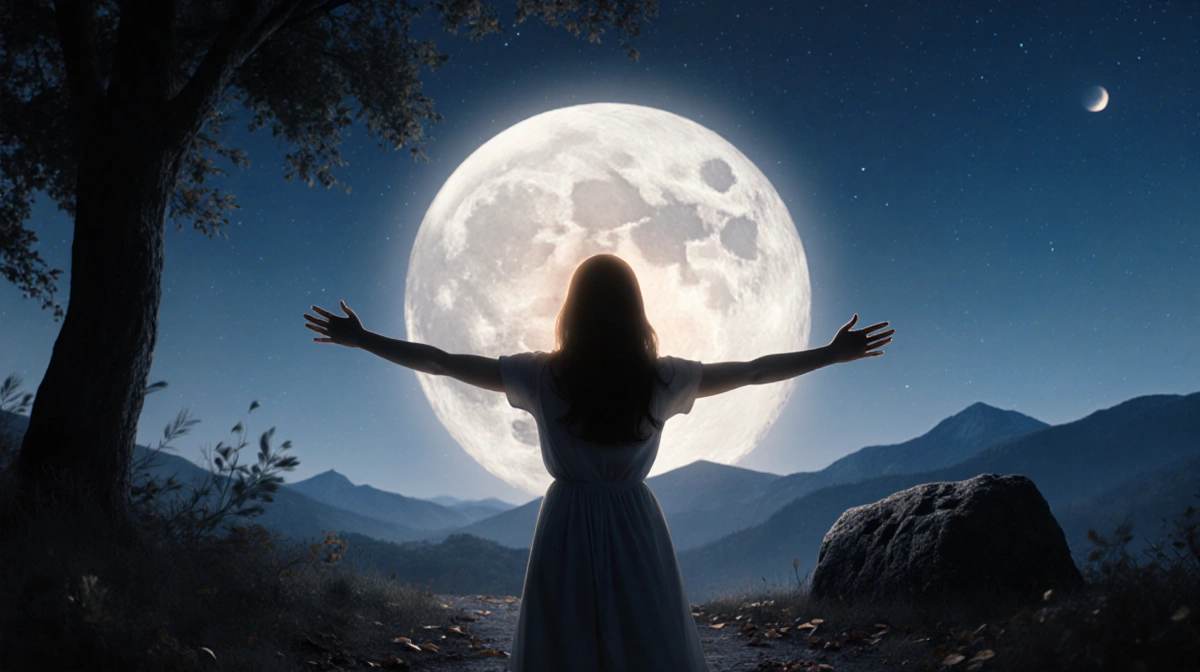 Georgia stretching arms toward sky with moonlit backdrop and resilient tree silhouette illuminating path with scattered leave