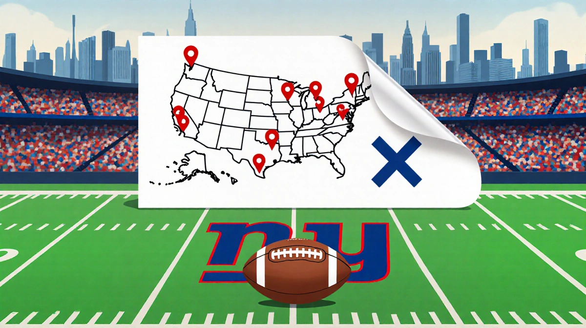 A map of the United States unfolds over a football field with red pins marking coaching locations and the Giants logo on the 
