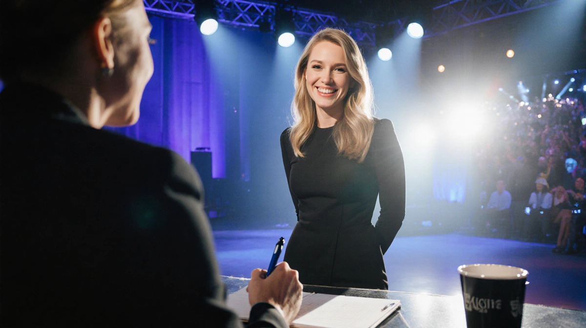 Actress standing confidently on stage with bright studio lights and journalist taking notes across from her