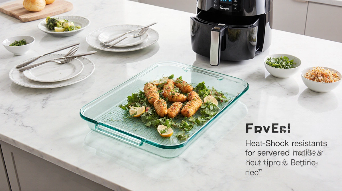 Heatproof glass air fryer tray shows crispy fries with plates and utensils on modern kitchen counter